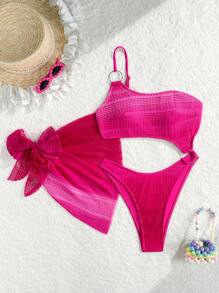 Swim Mod 2pcs Textured Ombre Hollow Out One Shoulder Sexy & Mini Skirt 1-Piece Bikini Swimsuit For Women, Spring Break - Hot Pink - View 5