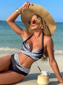 Swim Lushoire Conjunto de traje de baño con decoración anudada y rayas para mujer, ideal para playa y resort