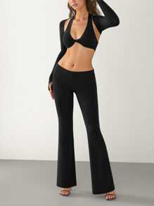 SHEIN ICON 3-Piece Set: Halterneck Bralette Top, Long Sleeve Shirt, And Low Waist Pants