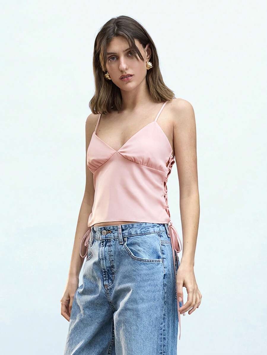 Maija Women's Satin Texture Cross Wrap Design Sleeveless Top, Elegant Casual Lightweight Tank Top, Suitable For Spring/Summer Outdoor/Beach/Festival Wear - Baby Pink - View 1
