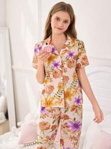 2pcs Tween Girl Elegant Casual Flower Print Short Sleeve Top And Long Pants Sleepwear Sets