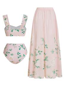 Swim Oasis Women's Premium Romantic Vacation Rose Print Swimwear Set, For Summer Beach