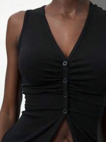 Maija Blusa larga de mujer con cuello en V negro sólido, diseño fruncido, sin mangas, apta para usarse en resorts y festivales