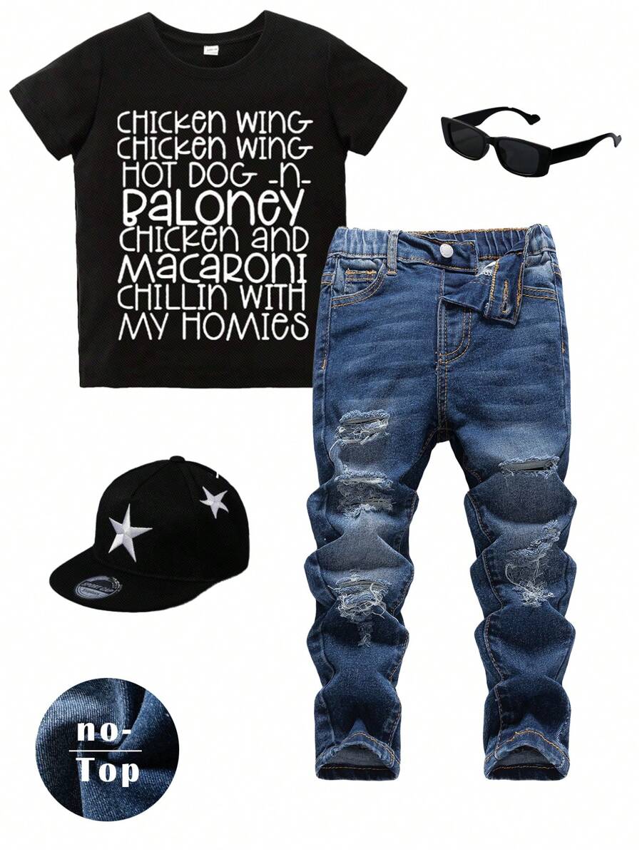 SHEIN Young Boys Casual Distressed Ripped Frayed Cat Whiskers High Stretch Skinny Blue Denim Pants,Kids Spring/Summer Clothes Outfits - Dark Wash - View 1