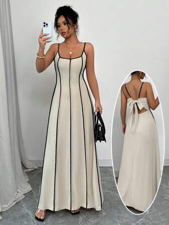 Rafferiza Women's Summer Color Block Spaghetti Strap Backless Dress