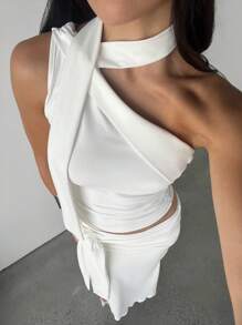 Aloruh Women's Solid Color Ruched Shoulder Top & Mermaid Hem Skirt 2 Pieces Set - White - View 1