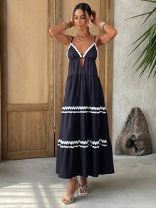 SHEIN VCAY Women's Summer Boho Vacation Holiday Black And White Colorblock Stripe Slip Backless Dress,Beach Tropical Casual Outfits,Sundress Sundresses - Black - View 6