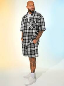 EASEVO Plus Size Men's Loose Knit Plaid Long Sleeve Shirt And Shorts Set - Multicolor - View 2