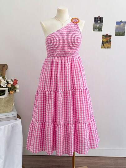 Dreamara 大码女式粉色格子褶皱前中长连衣裙，配编织纽扣装饰