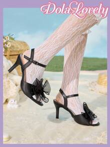 Dola Lovely 女士时尚洛丽塔蝴蝶结珍珠系带丝绸缎婚礼派对白色粗跟凉鞋 - 黑色 - 查看 9