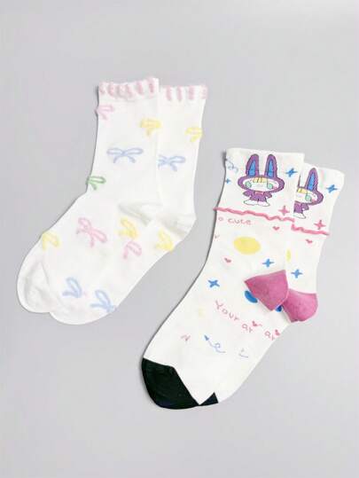 Kawaii Calcetines casuales lindos de media pantorrilla con diseño de lazo para mujeres