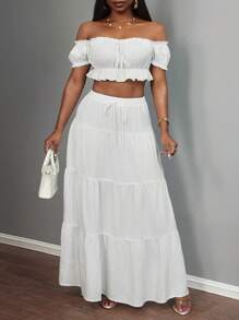 Veslaya Plus Size Summer Beach Vacation French Sweet Lovely Date Off-Shoulder Ruched Ruffle Blouse & Tie Waist Ruffle Hem Maxi Skirt 2 Pieces Resort Set - White Women Summer Clothing Woman S Summer Clothes Women Casual Dress Women Dresses Elegant Gown Women Dresses Birthday - White - View 4