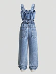 SHEIN Conjunto de 2 piezas para niñas preadolescentes con top vaquero cómodo y casual con pedrería y pantalón vaquero, ligero y perfecto para el verano - Azul lavado medio - Ver 2