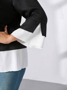 SHEIN Essnce Plus Size Women's Spring And Summer Fashion Casual Loose And Comfortable Daily Black 2 In 1 Three-Quarter Sleeve Shirt, Elegant Slim Top, Spring Outfits, Teacher Clothes, Church Clothes Women, Women Blouse