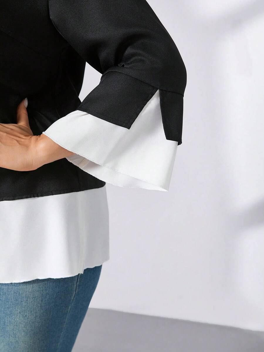 SHEIN Essnce Plus Size Women's Spring And Summer Fashion Casual Loose And Comfortable Daily Black 2 In 1 Three-Quarter Sleeve Shirt, Elegant Slim Top, Spring Outfits, Teacher Clothes, Church Clothes Women, Women Blouse