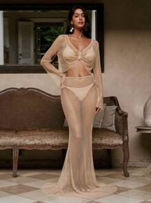 Anewsta Women's Solid Long Sleeve Hollow Sheer Casual Cover Up Shirt, For Summer Beach Vacation - Gold - View 2