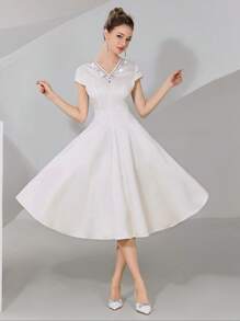 Modelyn Elegant & Glamorous Rhinestone Collar Mid-Length Dress For Women - Apricot - View 5