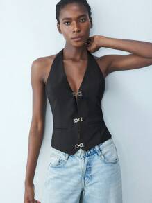 Maija Parte superior de camisola con diseño de hebilla de unicolor, sexy cuello halter, para festival