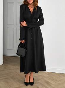 RueChic Women's Solid Long Sleeve Casual Dress