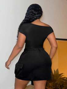 Slaydiva Váy ngắn ôm dáng màu đen trơn bằng vải dệt kim có túi tiện dụng dành cho nữ cỡ lớn - màu đen - Xem 2