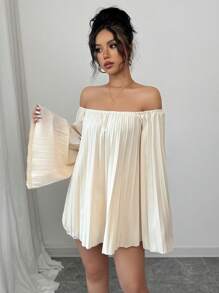 Elenzga Women Casual Romantic Ruched Off Shoulder Ruffled Two-Piece Set, Suitable For Vacation & Daily Wear Fall Cloth For Women