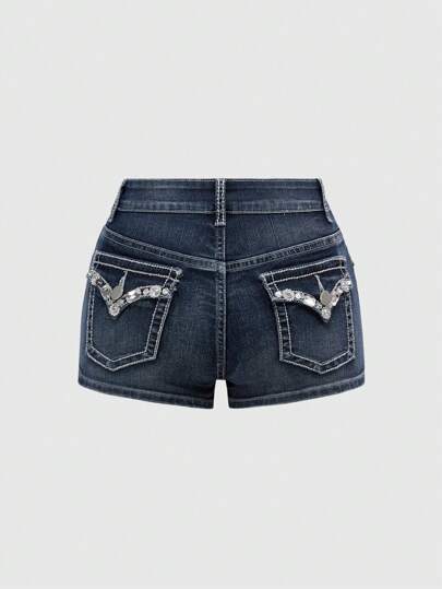 Grunge Punk Cute Washed Denim Super Low Waist Rhinestone Shiny Sexy Denim Shorts For Women, Summer