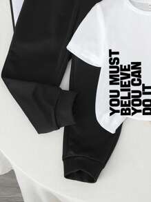 SHEIN 小男孩休闲简约字母印花圆领短袖上衣和裤子两件套 - 彩色 - 查看 5