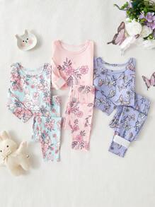 3件套少女可爱蝴蝶结碎花长袖衬衫和长裤舒适睡衣套装 - 彩色 - 查看 4