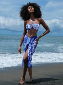 Slaydiva 3pcs Women's Swimsuit Set, Spring Break Style, Starfish & Seashell Print, Strapless, Drawstring Waist Skirt, Fashionable Casual Beach Vacation