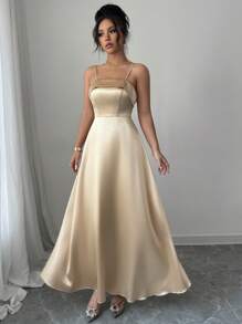 Elenzga 女士时尚新款夏季吊带拉链优雅收腰喇叭裙 - 杏色 - 查看 5