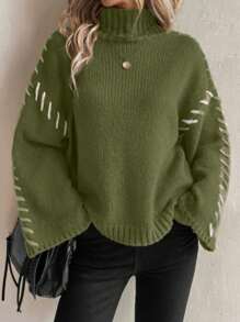 SHEIN LUNE Women's Solid Color Patchwork Turtleneck Long Sleeve Casual Sweater Knit Pullover Fall Winter - Green - View 4