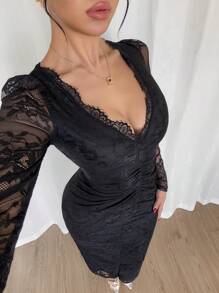 SHEIN Privé 优雅性感现代派对鸡尾酒会黑色 V 领蕾丝腰扭褶长裙黑色礼服，秋冬新品 - 黑色 - 查看 5