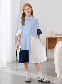 SHEIN Vestido ajustado con mangas de volantes, recortes y volantes para niñas preadolescentes en color liso, casual, adecuado para volver al colegio y uso diario
