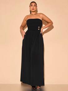 SHEIN BAE Elegancki, czarny, zdobiony gorsetem, długi kombinezon damski w dużych rozmiarach, z szerokimi nogawkami, odpowiedni na ukończenie szkoły, wakacje, wyjście, ślub, wakacje na plaży, kombinezon plażowy, Wielkanoc, Dzień Matki, styl western, stroje na koncert, Y2K, Dzień Świętego Patryka, świąteczne niezbędniki, kombinezon damski, kombinezony damskie w dużych rozmiarach, seksowny kombinezon - Czarne - Zobacz 2