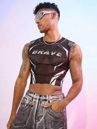 FeverCity Camiseta de tirantes ajustada de malla con estampado digital para hombre