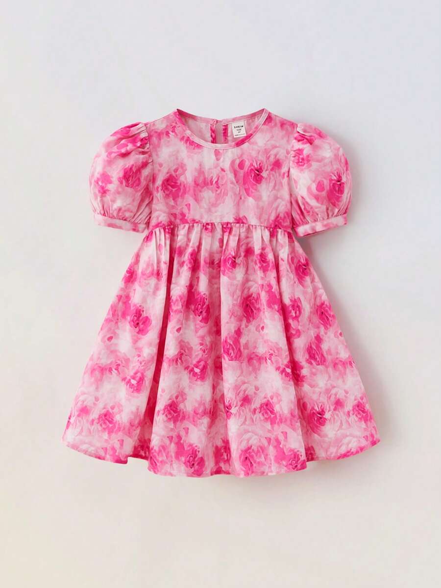 Maija Kids Maija Kids Young Girl Spring Summer Valentine's Day Elegant Tie Dye Rose Swing Dress, Relaxed Fit, Wide Skirt, Casual, School, Fashionable, Comfortable - Pink - View 1