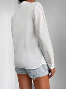 EURMUSE 100%Cotton Solid Button Front Pocket Patched Shirt - White - View 2