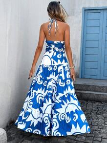 SHEIN VCAY Women's White And Blue Floral Halter Neck Dress,Summer Boho Beach Vacation Holiday Sundress,Elegant Casual Party,Date,Afternoon Tea Summer Outfits - Blue and White - View 3