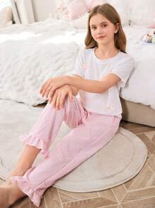 Conjunto de 2 peças de roupa doméstica, Blusa Branca com Laço Elegante e Simples, e Calça com Babado Xadrez Rosa - Rosa chiclete - Visão 4