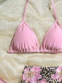 SHEIN 3 件套少女纯色比基尼套装带豹纹花卉罩衫迷你裙，海滩度假服装