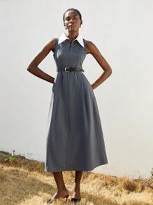 Aveloria Modichic Vestido largo elegante minimalista de alta gama para mujer con cremallera oculta delante y en la cintura, sin mangas y con cinturón de PU