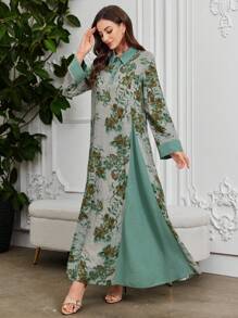 Al Najma 女式休闲双色花卉印花优雅宽松下摆开衩下摆连衣裙 - 橄欖綠 - 查看 5