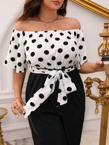 SHEIN Clasi 大码女式波尔卡圆点露肩短袖系带拼接连体裤，优雅