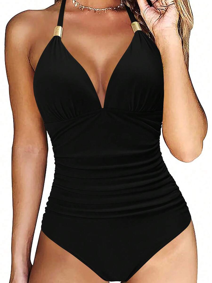 Swim Lushoire 1 件女式纯色吊带背心，V 领，修身款，休闲时尚，适合夏季日常穿着 - 黑色 - 查看 1