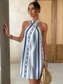 SHEIN VCAY 女士几何印花交叉领时尚迷你连衣裙 - 藍色 - 查看 4