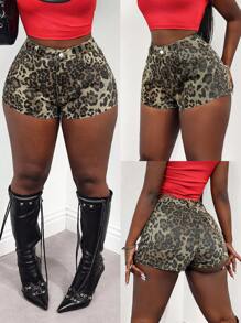 SHEIN Slayr Women's Casual Fashion Leopard Print Denim Shorts With Pockets - Black - View 1