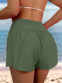 SHEIN Swim Vacation Casual Solid Color Wide Waist Side Pocket Beach Shorts For Summer - Green - View 2