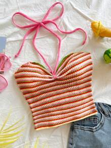 Soleia Women's Halter Backless Striped Fitted Knit Top Beach Vacation Outfits Spring Summer Outfits For Women - Multicolor - View 2