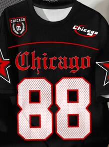 SHEIN Tween Boys Casual Stylish Hiphop Streetwear City Name, Number 88, Star, Fashion Slogan, Shield Logo Printed Short Sleeve Crew Neck T-Shirt, Suitable For Summer