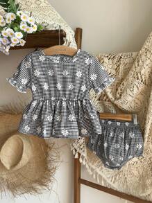 Vintaside Kids 2 件套女婴休闲可爱花卉图案格子上衣和裤子套装 - 彩色 - 查看 4